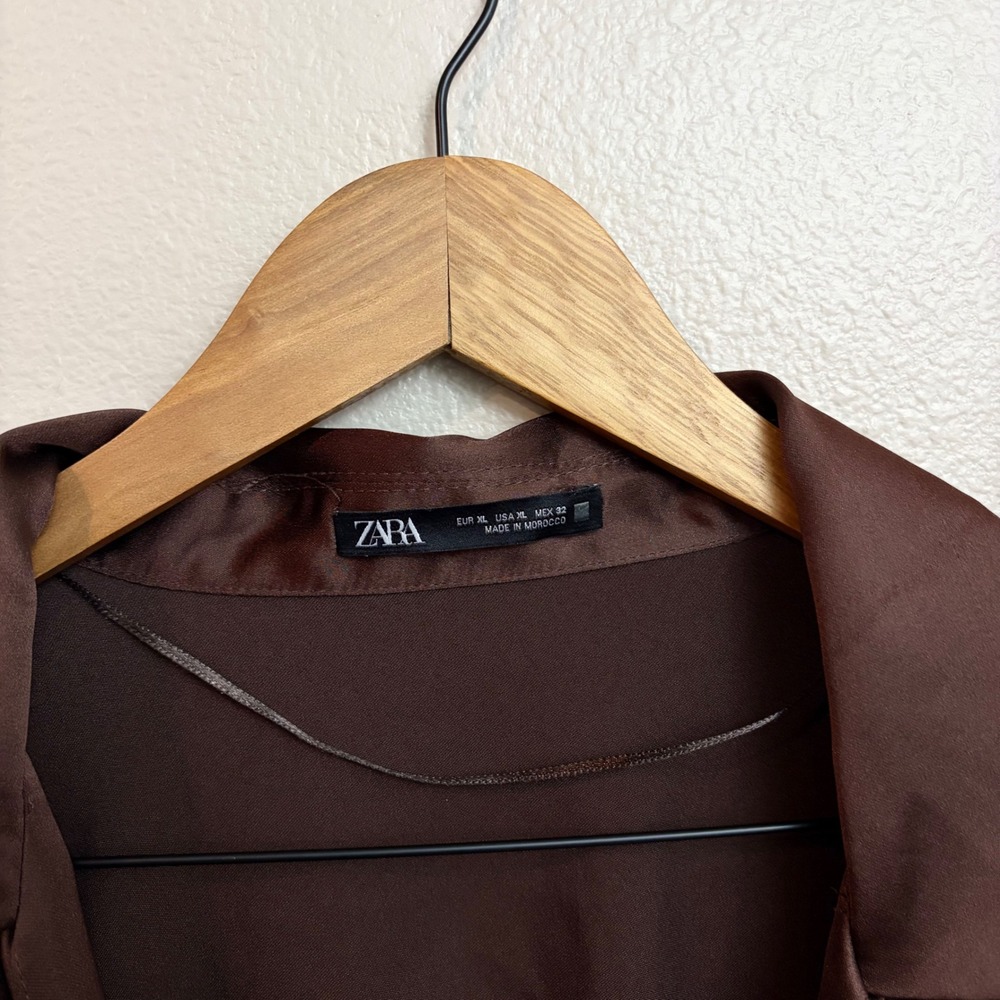 Zara Dress XL Brown Satin Faux Wrap V-Neck Midi Long Sleeve Minimalist Elegant - Picture 3 of 6